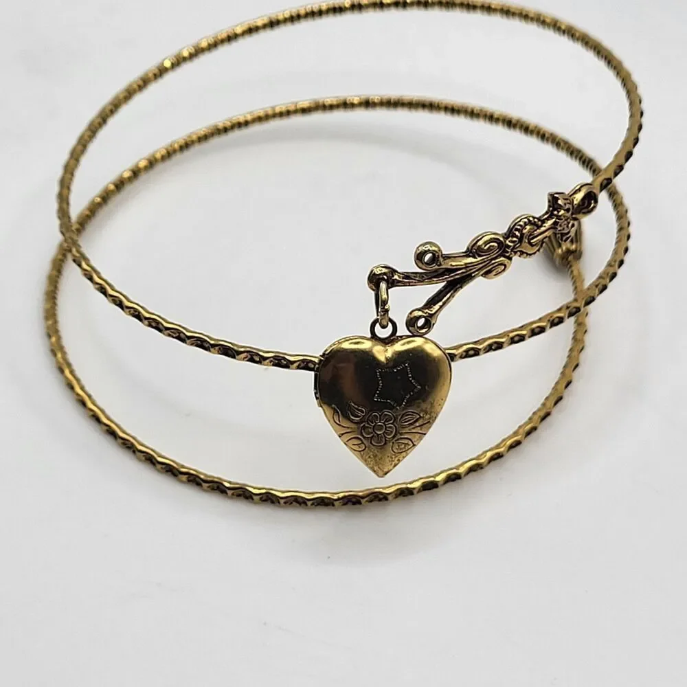 Gold Tone Wrap Bracelet Heart Locket 2.5in dia adjustable